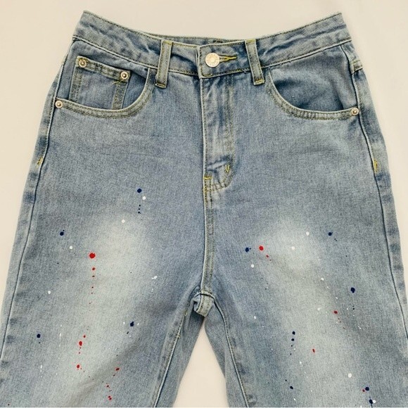 90s Style High Waisted Jeans 2 Blue Light Wash Denim Paint Splatter Taper Retro - Picture 3 of 8
